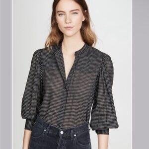 Nili Lotan Black Checkered Long Bishop Blouson Sleeve Button Down Maisie Shirt